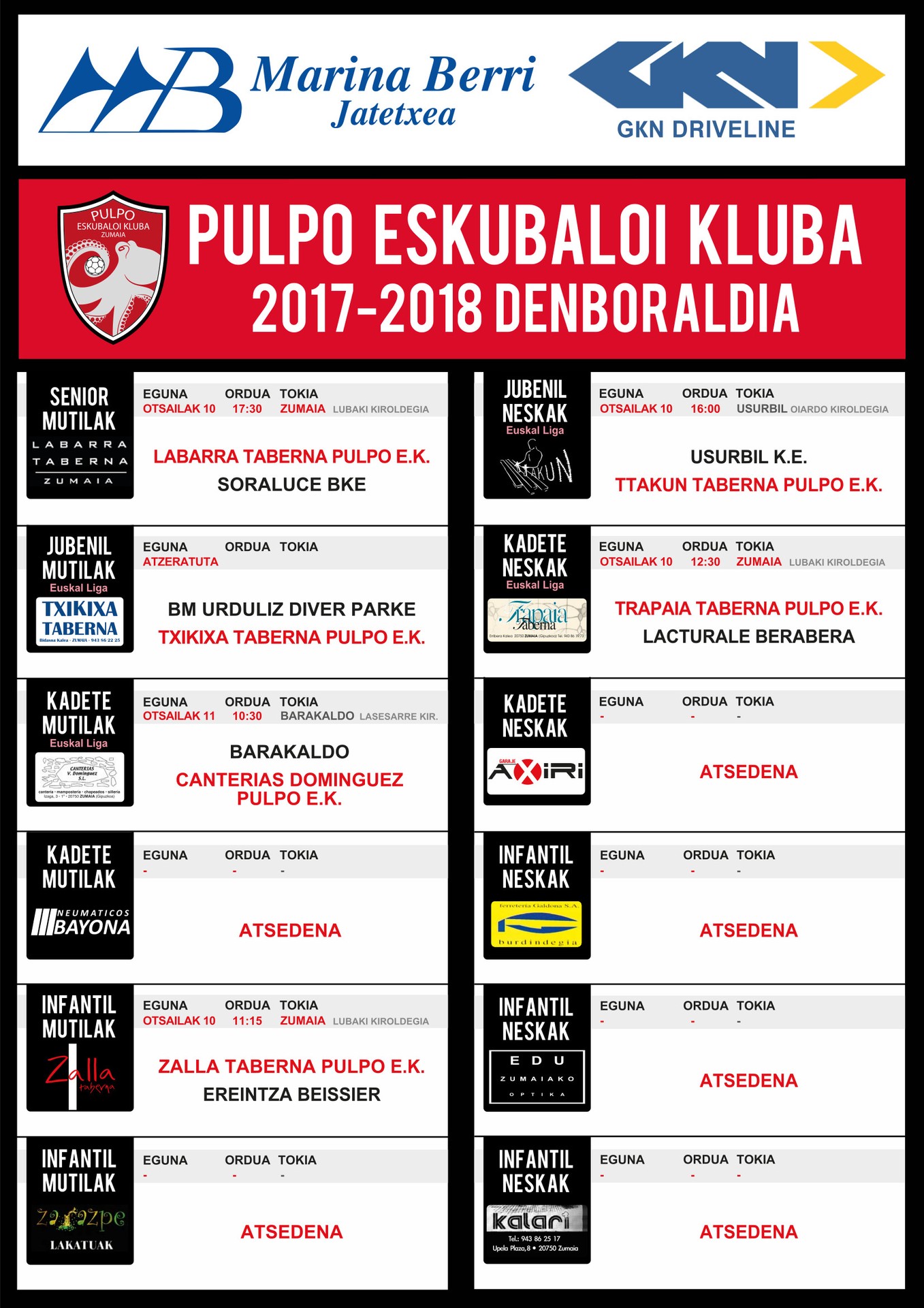 Pulpo Eskubaloiko partiduen ordutegia
