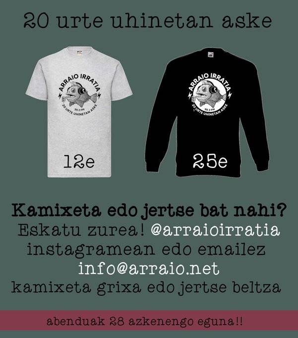 Arraio Irratiak urteurreneko kamisetak eta jertseak atera ditu