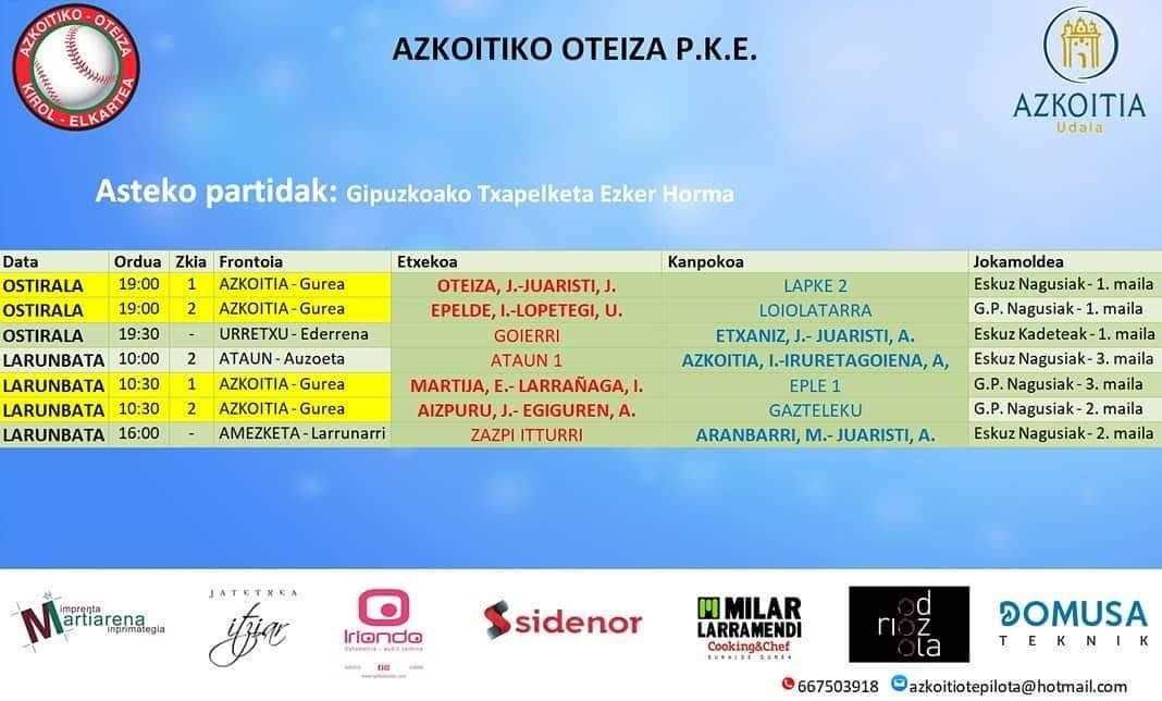 Aste honetako pilota partiden ordutegiak