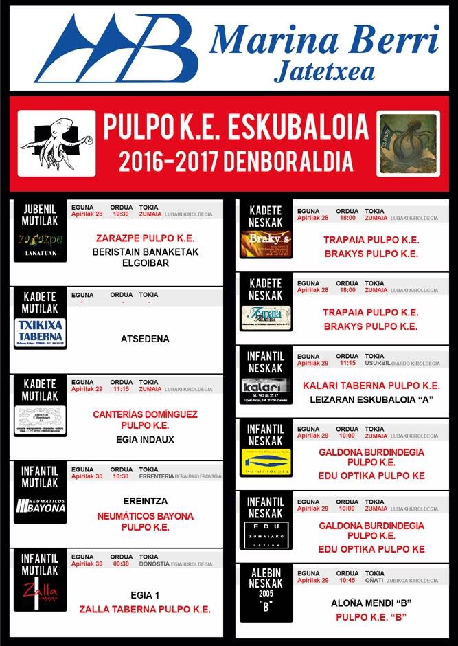 PULPO eskubaloiko taldeen aste bukaerako partiduak
