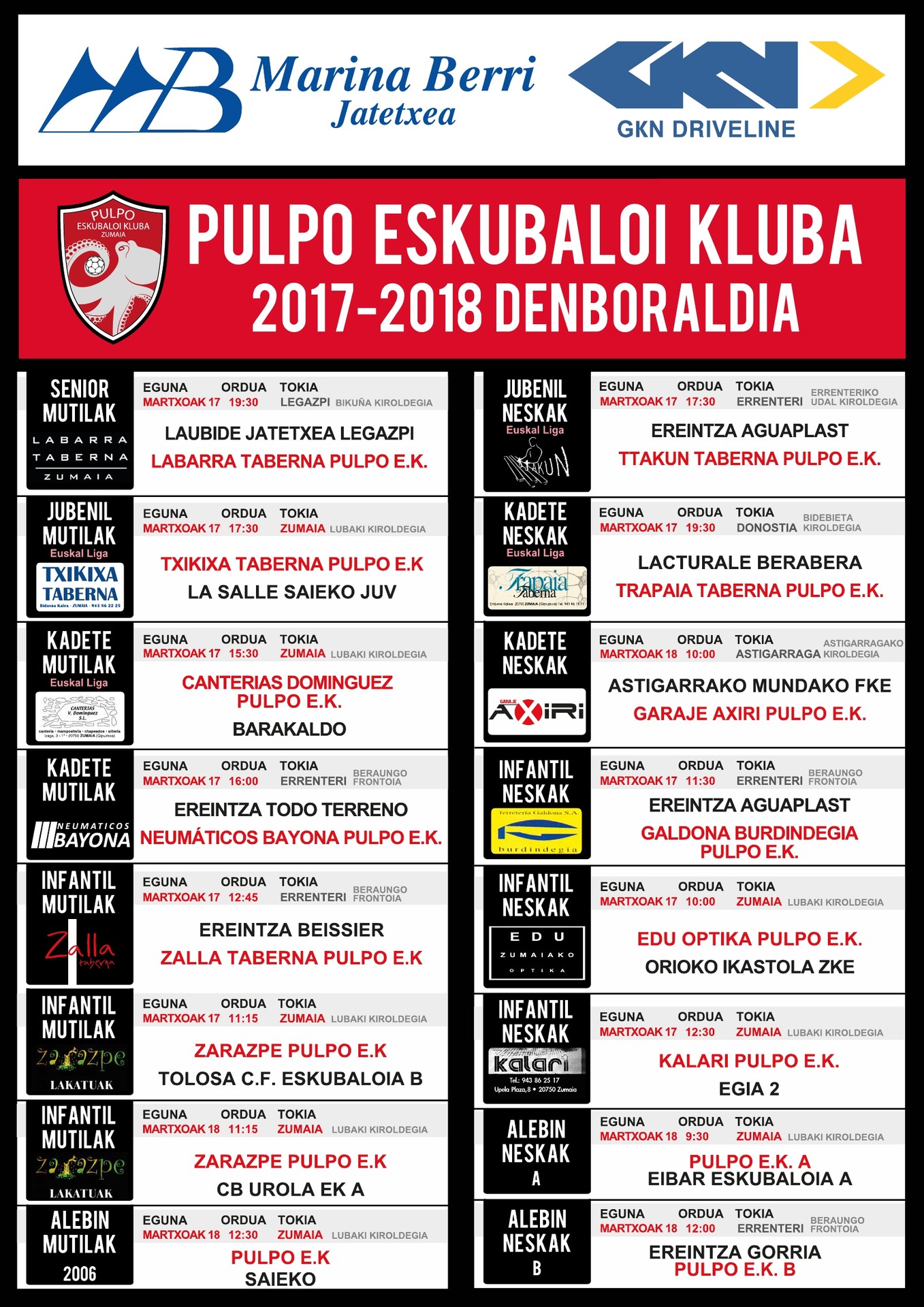 Pulpo Eskubaloiko partiduen ordutegia