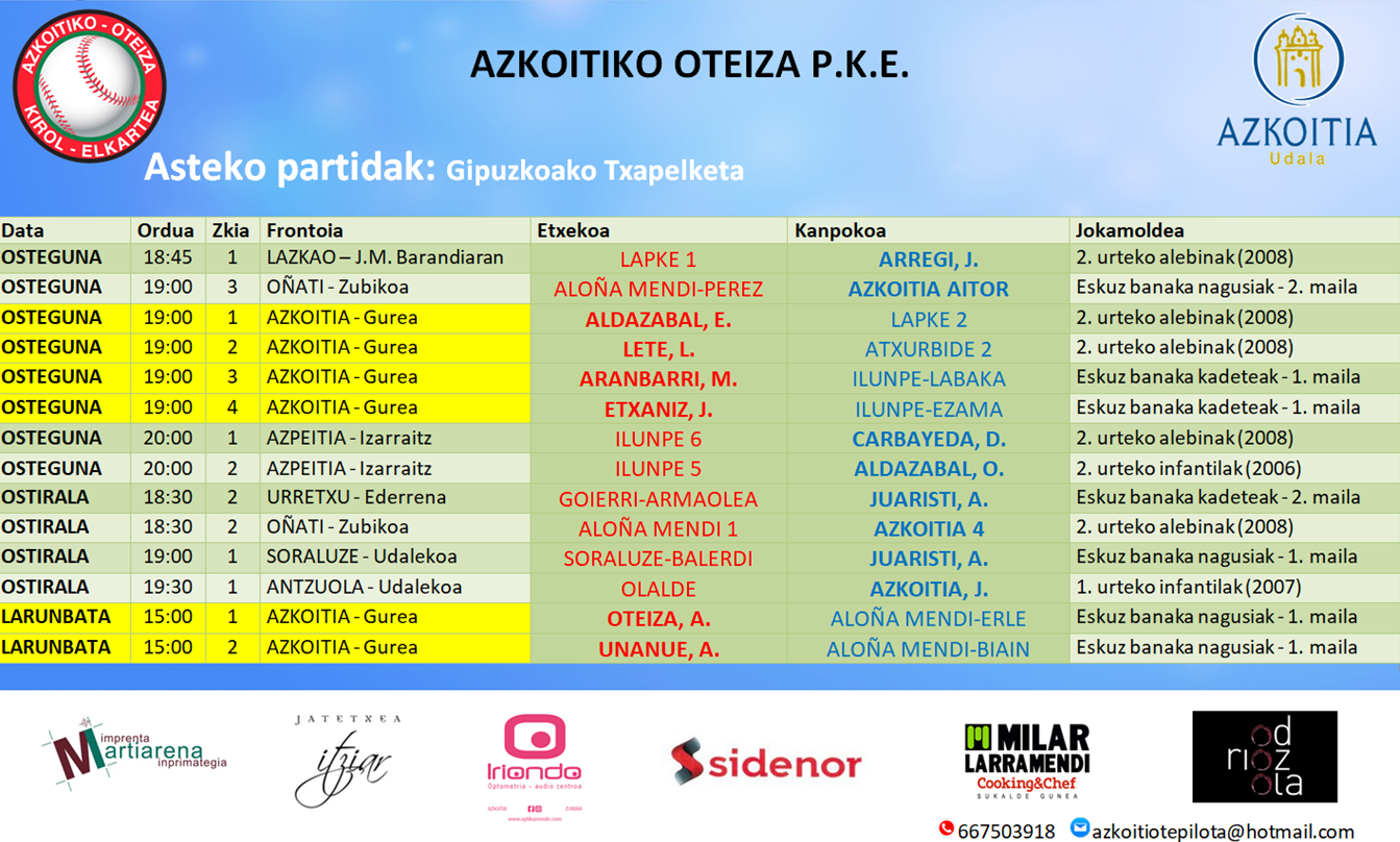 Aste honetako pilota partiden ordutegiak