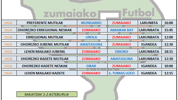 Asteburu honetako futbol partiden ordutegia