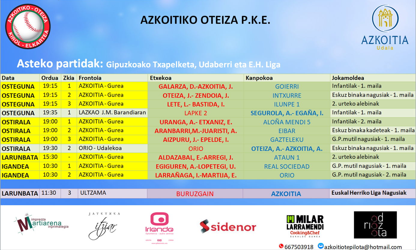 Aste honetako pilota partiden ordutegiak
