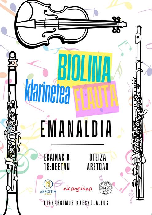 Emanaldia: Bizkargi eskolakoen flauta, biolin eta klarinete entzunaldia