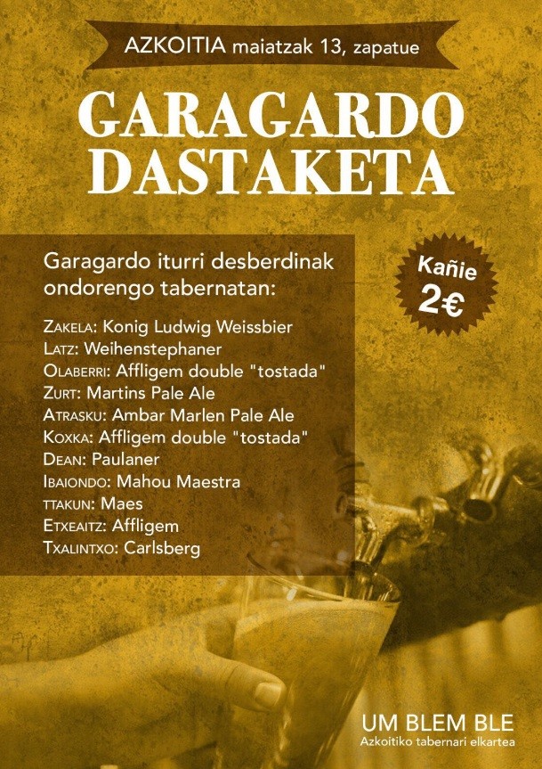 Garagardo dastaketa egingo dute zapatuan Azkoitiko tabernetan