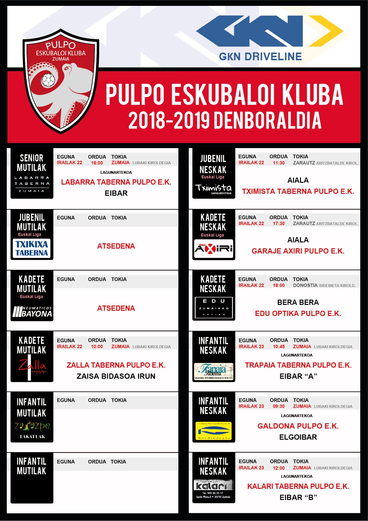 Pulpo Eskubaloiko partiduen ordutegia