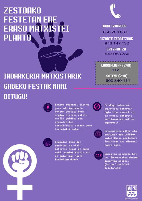 Zestoak indarkeria matxistaren kanpaina egingo du auzoetako jaietan ere